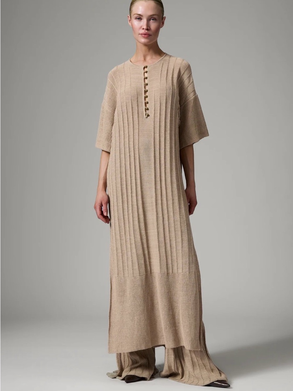 DAY Button-Front linen cotton blend Ribbed Knit Maxi Dress in Taupe size M NWT